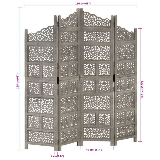 vidaXL Kamerscherm 4 panelen handgesneden 160x165 cm mangohout grijs