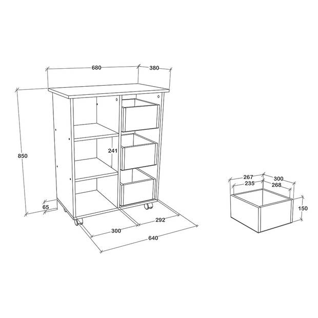 Esilo keukenmodule op wielen wit, eik decor.