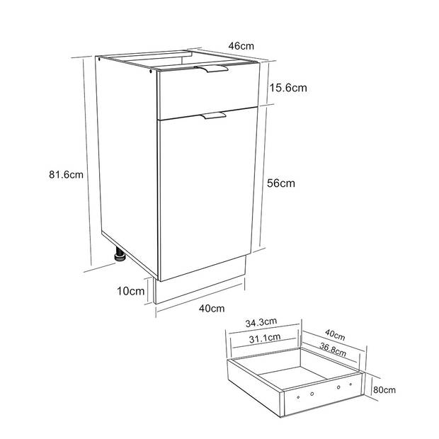 Fasola keuken onderkast 40 cm 1 deur, 1 lade wit.