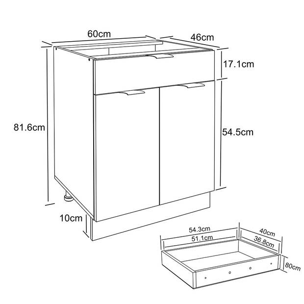 Fasola keuken onderkast 60 cm 2 deuren, 1 lade eik decor, wit.