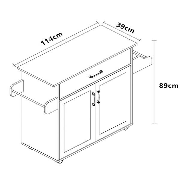 Pastano keukenmodule op wielen 2 deuren, 1 lade wit, eik decor.