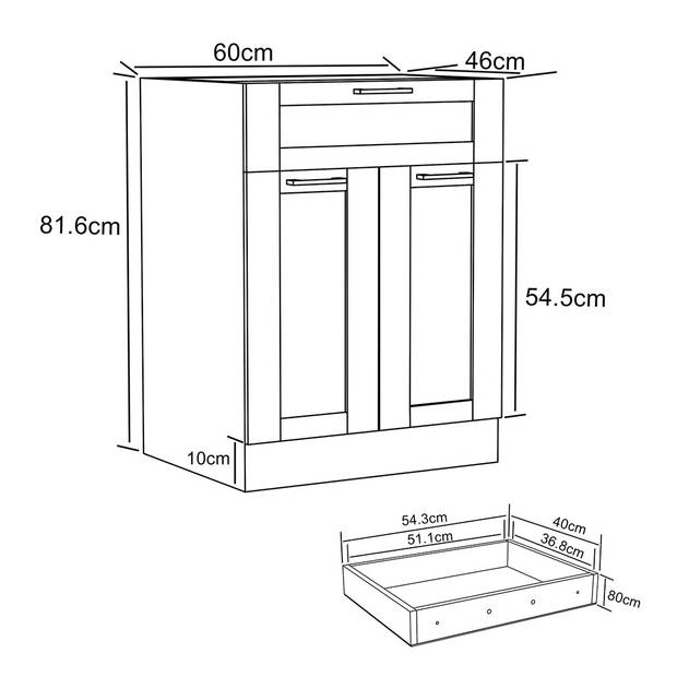 Colura keuken onderkast 60 cm 2 deuren, 1 lade wit.