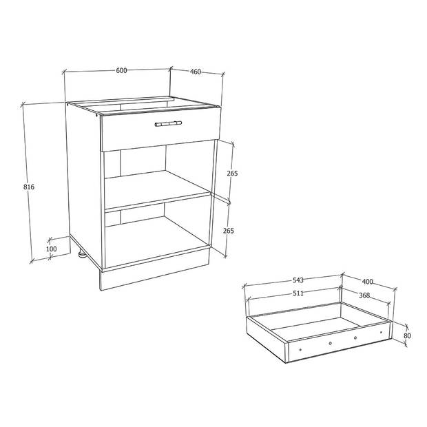 Esilo keuken onderkast 60 cm 2 deuren, 1 ladewit, eik decor.