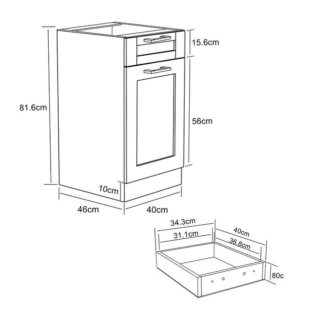 Colura keuken onderkast 40 cm 1 deur, 1 lade antracietgrijs, wit.