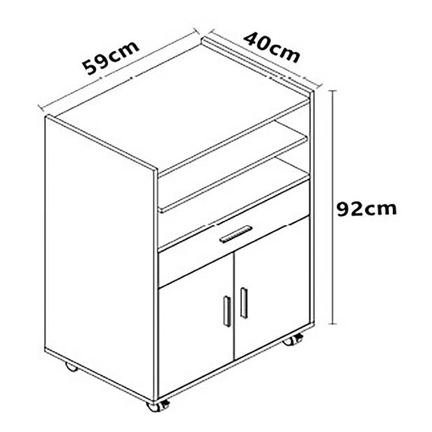 Kiola keukenmodule op wielen 2 deuren, 1 lade, 2 planken wit.