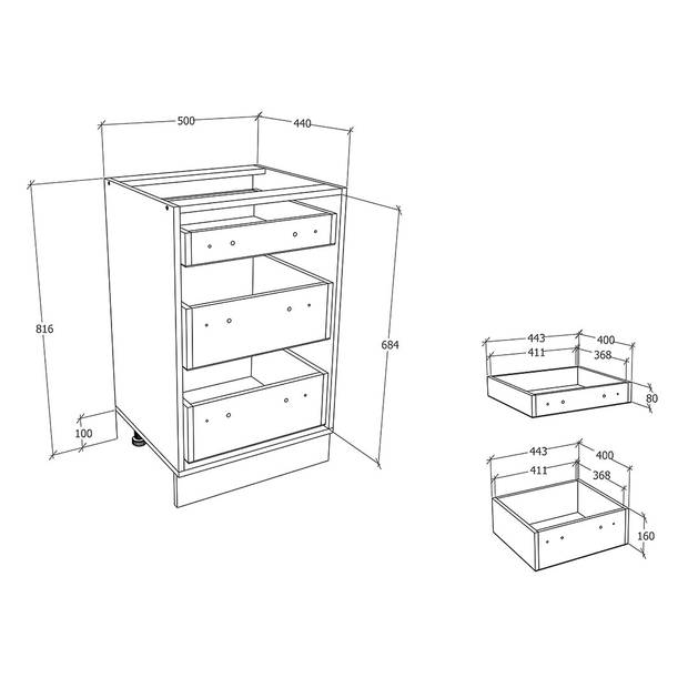 Esilo keuken onderkast 50 cm 3 ladeswit, grijs.