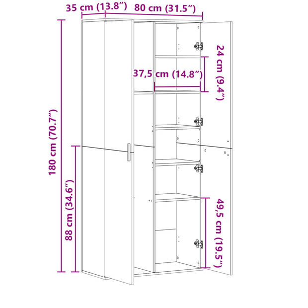 vidaXL Hoge kast 80x35x180 cm bewerkt hout sonoma eikenkleurig