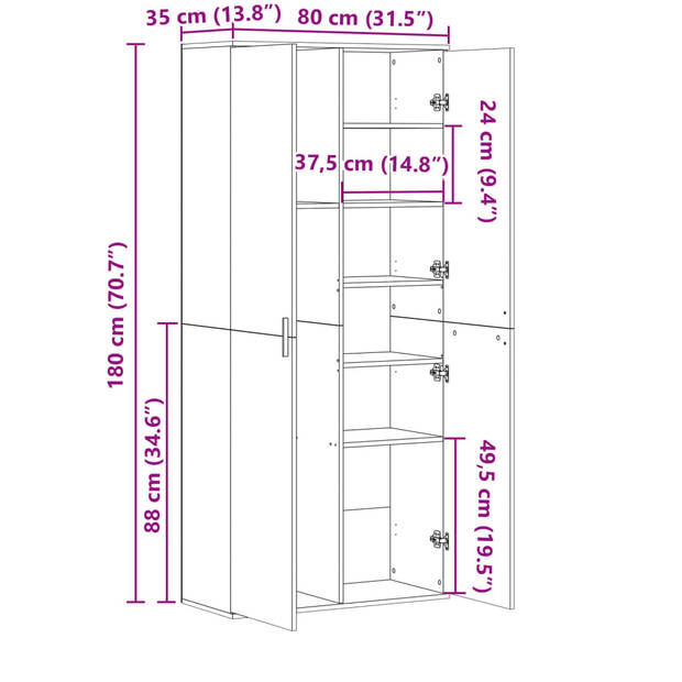 vidaXL Hoge kast 80x35x180 cm bewerkt hout gerookt eikenkleurig