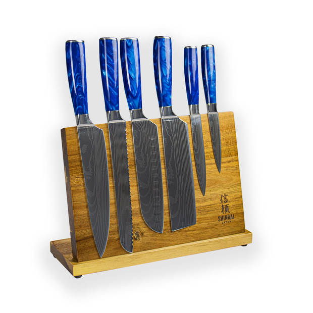 Shinrai Japan - Messenset - 6 delig - Koksmes - Japanse Messen - Mes - Sapphire Damascus Print - Met Luxe Geschenkdoos