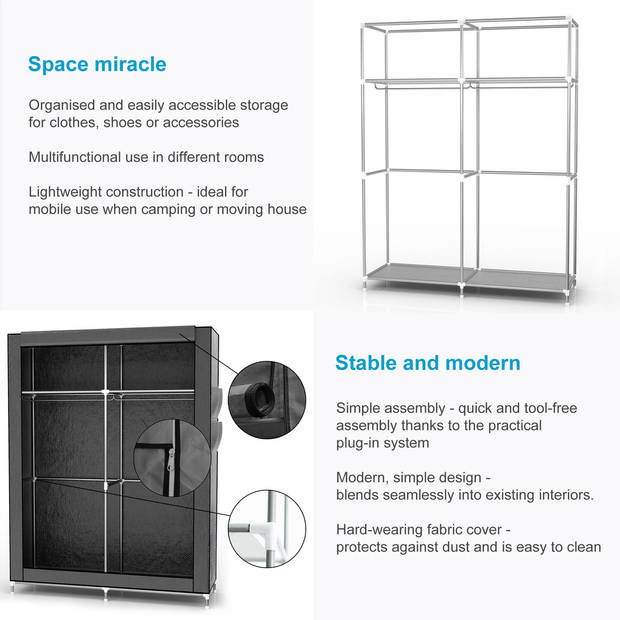 Intirilife Vouwkast 108x170x45 cm in Asgrijs - Kledingkast met ritssluiting Kledingstang Camping Steekkast Garderobe