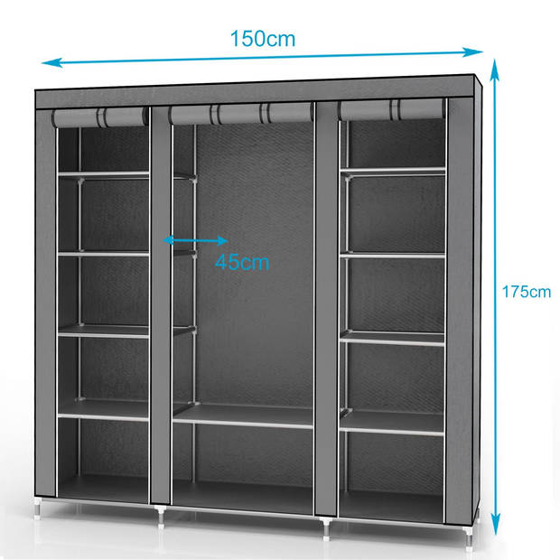 Intirilife Vouwkast 150 x 175 x 45 cm in Asch grijs - Kledingkast met ritssluiting kledingstang Camping Steekkast