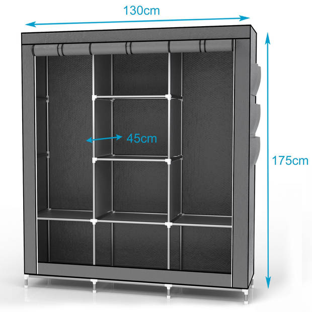 Intirilife Vouwkast 130 x 175 x 45 cm in Asch grijs - Kledingkast met ritssluiting kledingstang Camping Steekkast