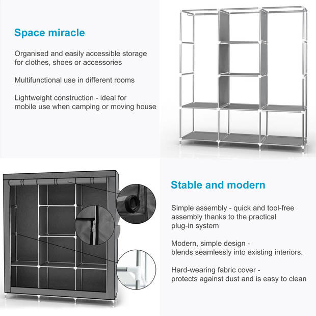 Intirilife Vouwkast 130 x 175 x 45 cm in Asch grijs - Kledingkast met ritssluiting kledingstang Camping Steekkast