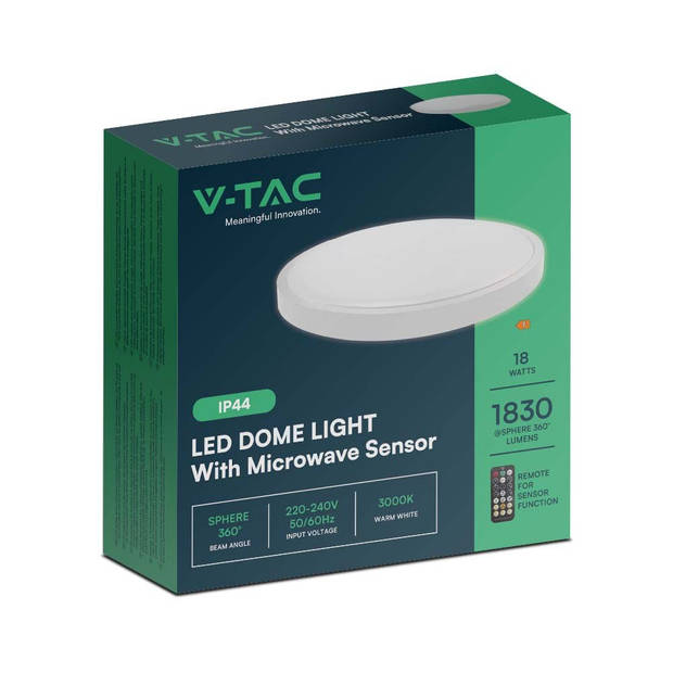 V-TAC VT-8618S-W-RD-N LED-koepellampen - Ronde koepellampen - Sensor - IP44 - Wit - 18 Watt - 1830 Lumen - 6500K