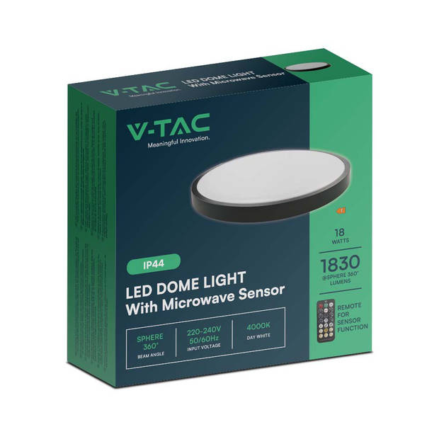 V-TAC VT-8618S-B-RD-N LED-plafonniere - Ronde plafonniere - Sensor - IP44 - Zwart - 18 Watt - 1830 Lumen - 4000K