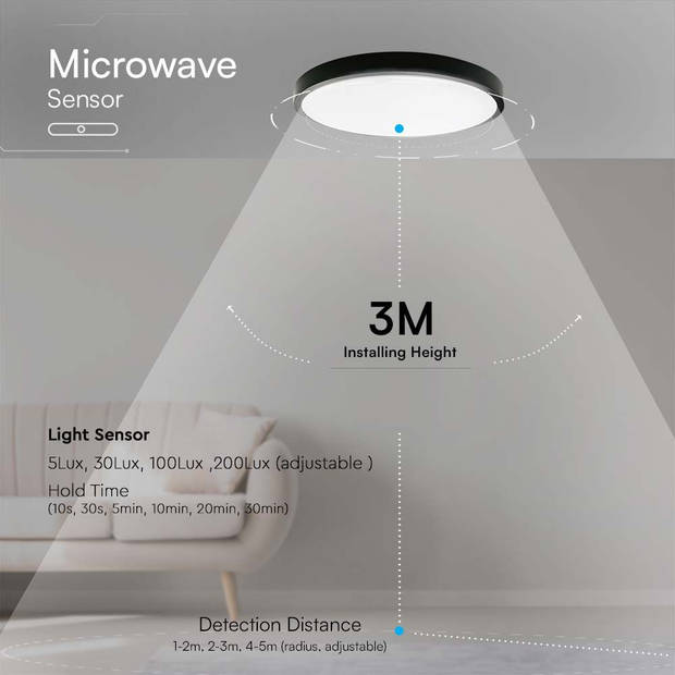 V-TAC VT-8630S-B-RD-N LED-koepellampen - Ronde koepellampen - Sensor - IP44 - Zwart - 36 Watt - 3820 Lumen - 4000K