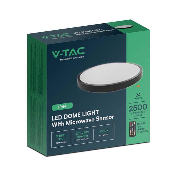 V-TAC VT-8624S-B-RD-N LED-plafonniere - Ronde plafonniere - Sensor - IP44 - Zwart - 24 Watt - 2500 Lumen - 4000K