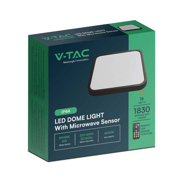 V-TAC VT-8618SB-SQ-N LED-plafonniere - Vierkante plafonniere - Sensor - IP44 - Zwart - 18 Watt - 1830 Lumen - 4000K