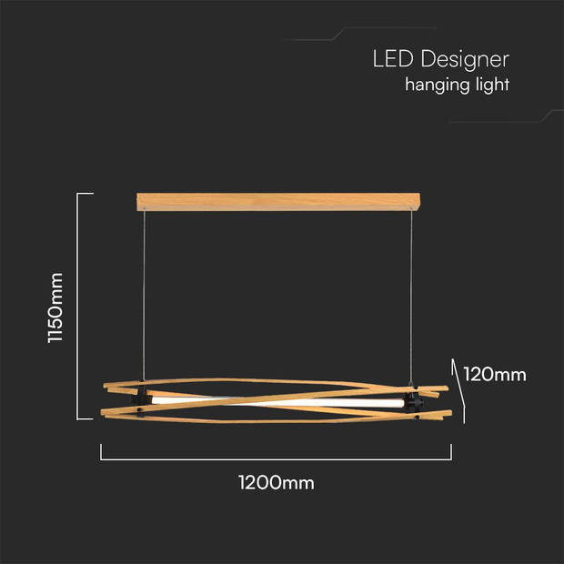 V-TAC VT-7978 Design plafondlampen - Design hanglampen - IP20 - Wood+Black - 15 Watt - 1600 Lumen - 3000K