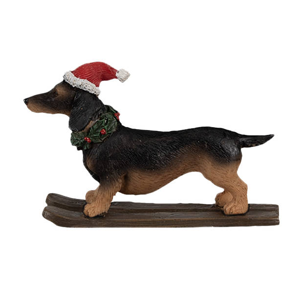 Clayre & Eef Kerstdecoratie Beeld Hond Teckel 10x3x7 cm Bruin Kunststof Bruin