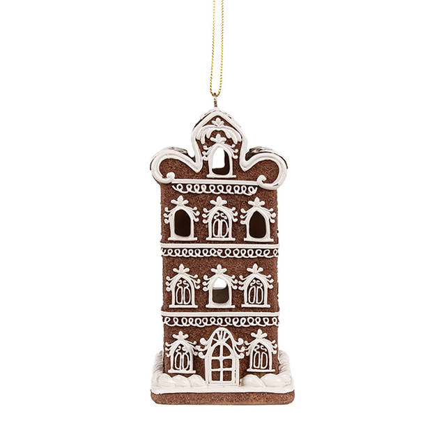 Clayre & Eef Kersthanger met LED Gingerbread house 7x6x12 cm Bruin Kunststof Peperkoekhuisje Bruin Peperkoekhuisje