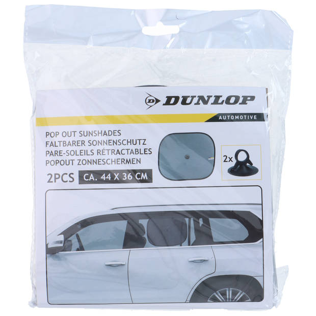 Dunlop Auto zonneschermen voor zijramen - 2x - antraciet - kunststof - zuignappen - 44 x 36 cm - Autozonneschermen