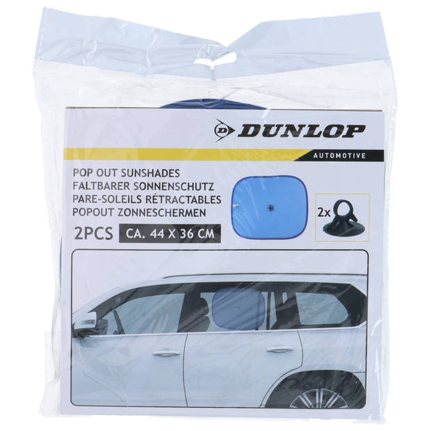 Dunlop Auto zonneschermen voor zijramen - 2x - blauw - kunststof - zuignappen - 44 x 36 cm - Autozonneschermen