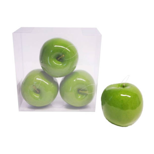 Bellatio Design Kunstfruit decofruit - appel/appels - 4x stuks - ongeveer 9 cm - glimmend groen - Kunstbloemen