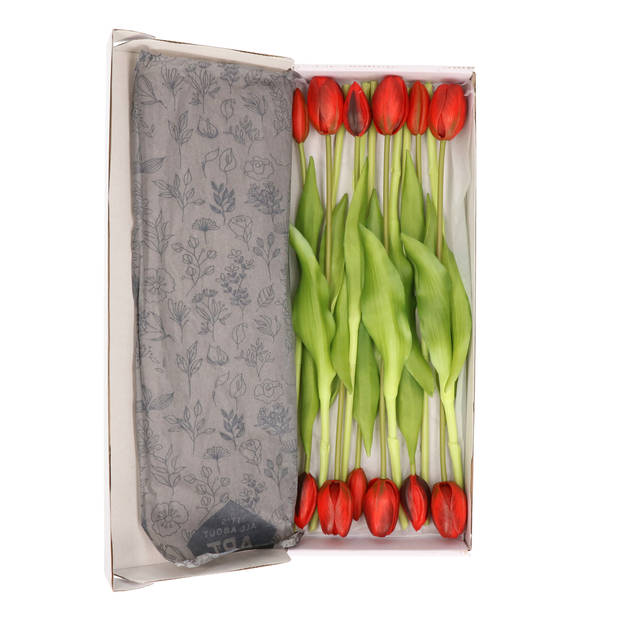 Bellatio Design Kunst tulpen boeket Bella - 12x stuks - rood - real touch - 40 cm - Kunstbloemen