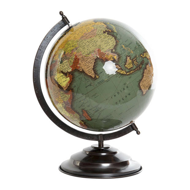 Items Deco Wereldbol/globe op voet - kunststof - groen/zwart - home decoratie artikel - D25 x H35 cm - Wereldbollen