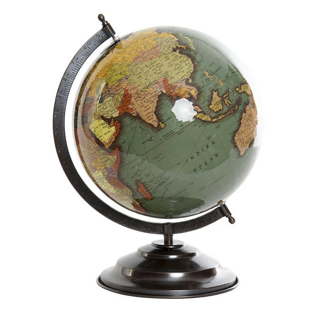 Items Deco Wereldbol/globe op voet - kunststof - beige/goud - home decoratie artikel - D20 x H30 cm - Wereldbollen