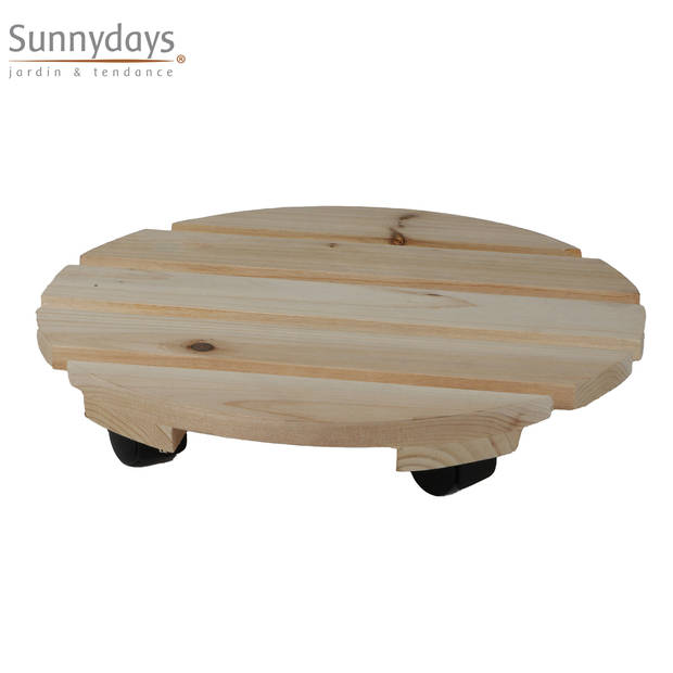 Sunnydays Plantenpot trolley - hout - naturel - rond - 30 x 30 cm - max 100 kilo - Planten onderzetter