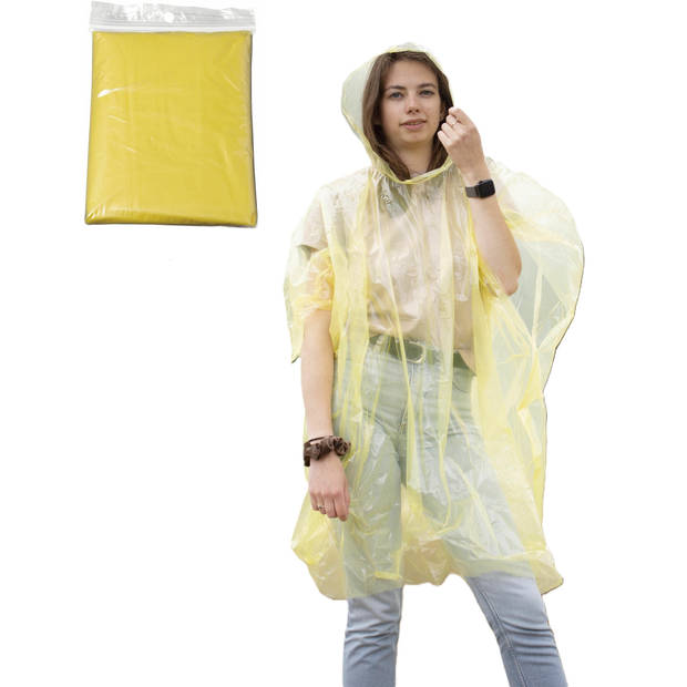 Regenponcho - geel transparant - wegwerp - voor volwassenen - one size fitts all - capuchon - Regenponcho's