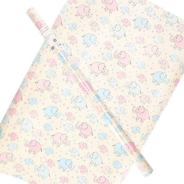 Inpakpapier/cadeaupapier baby - 200 x 70 cm - pastel geel - met roze en blauwe olifantjes - Cadeaupapier