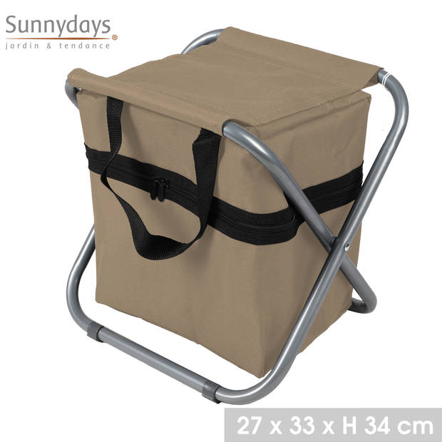 Sunnydays Camping/outdoor krukje met koeltas ineen - Inklapbaar - beige - 33 x 27 x 35 cm - Krukjes