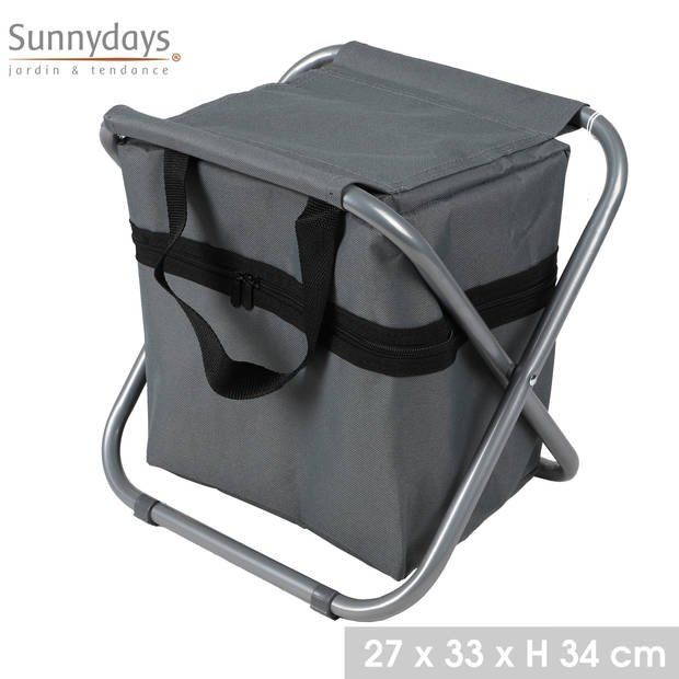 Sunnydays Camping/outdoor krukje met koeltas ineen - Inklapbaar - grijs - 33 x 27 x 35 cm - Krukjes