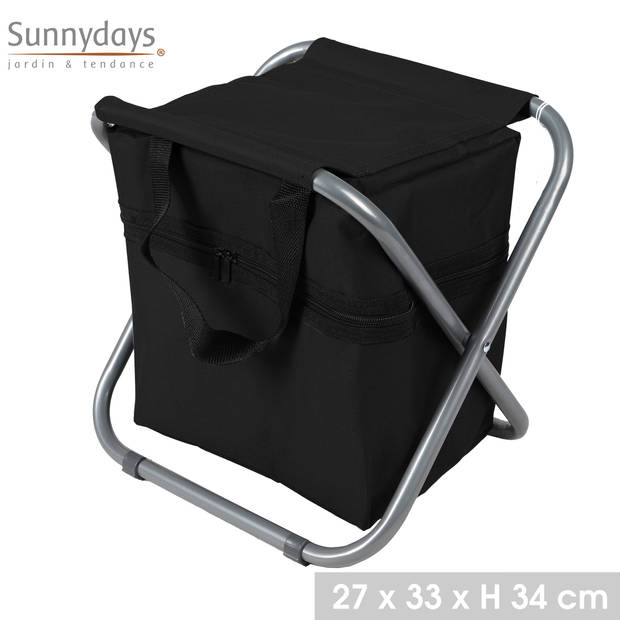 Sunnydays Camping/outdoor krukje met koeltas ineen - Inklapbaar - zwart - 33 x 27 x 35 cm - Krukjes
