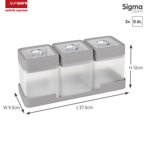 Sigma home voorraadbussen set 0,6L met tray transparant grijs