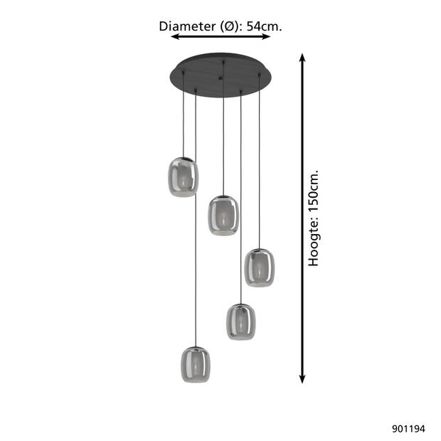 EGLO Ciampino Hanglamp - E27 - Ø 54 cm - Zwart/Grijs - Glas