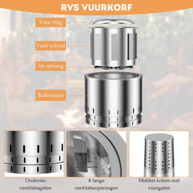 Costway XL RVS Rookvrije Vuurkorf 49 cm - Zuurstofrijke Rookloze Vuurtechnologie - Met Beschermhoes - Roestvrij Staal