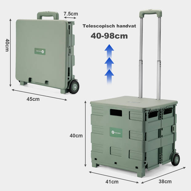 Packaway XL Opvouwbare Boodschappentrolley met wielen - Boodschappenkrat - Opbergbox - Vouwkrat - 50 Liter - Groen