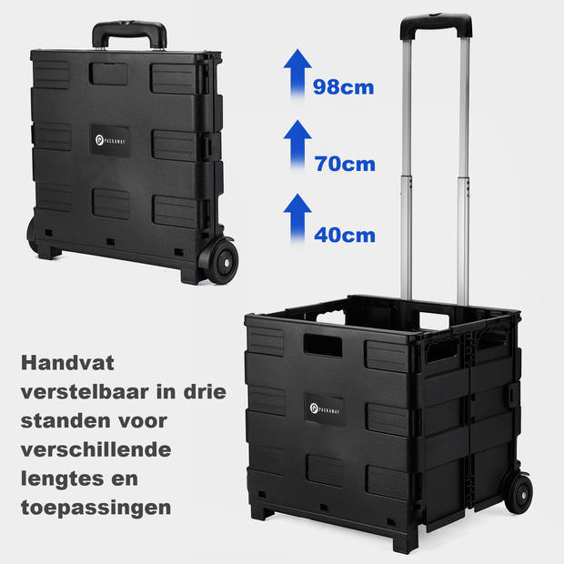 Packaway XL Opvouwbare Boodschappentrolley met wielen - Boodschappenkrat - Opbergbox - Vouwkrat - 50 Liter - Zwart