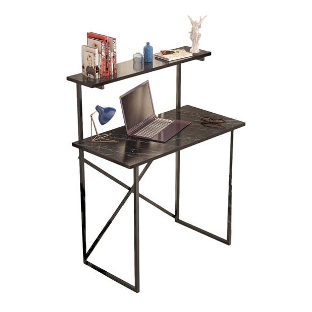 Brück Stevig Bureau met 2 Niveaus en Gepoedercoat Metalen Frame, Zwarte Marmerlook