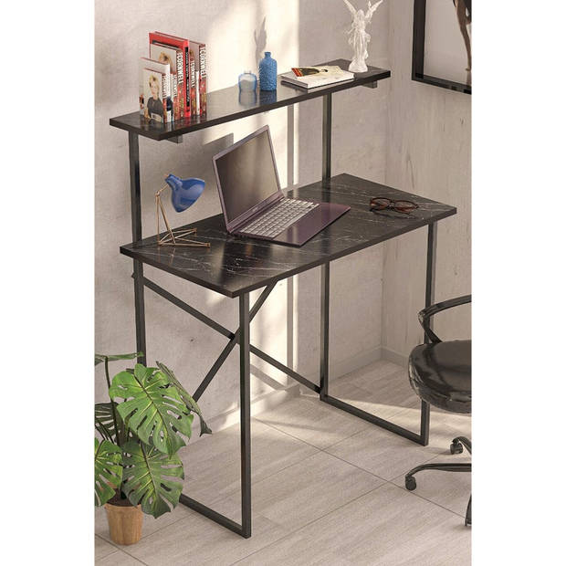 Brück Stevig Bureau met 2 Niveaus en Gepoedercoat Metalen Frame, Zwarte Marmerlook