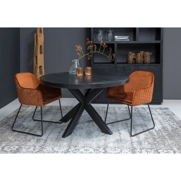 Livingfurn - Ronde Zwarte Eetkamertafel Kala - Spider Tafelpoten - van Mango Hout en Gecoat Staal - 130 cm