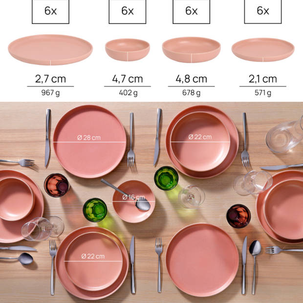 James Cooke Serviesset Bliss Stoneware 6-persoons 24-delig Roze