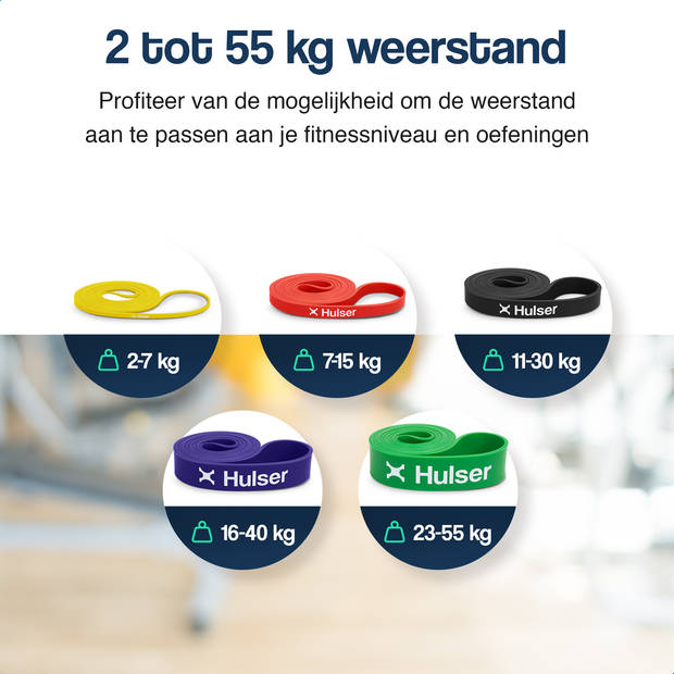 Hulser Resistance band set 5-delig - 2 tot 55 kg - 104 / 208 cm - Weerstandsband pull up - Fitness weerstandband