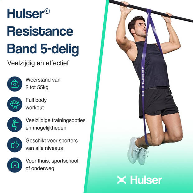 Hulser Resistance band set 5-delig - 2 tot 55 kg - 104 / 208 cm - Weerstandsband pull up - Fitness weerstandband