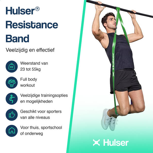 Hulser Resistance band 23 tot 55 kg - 104 / 208 cm - Weerstandsband pull up - Fitness weerstandband - Elastiek - Groen