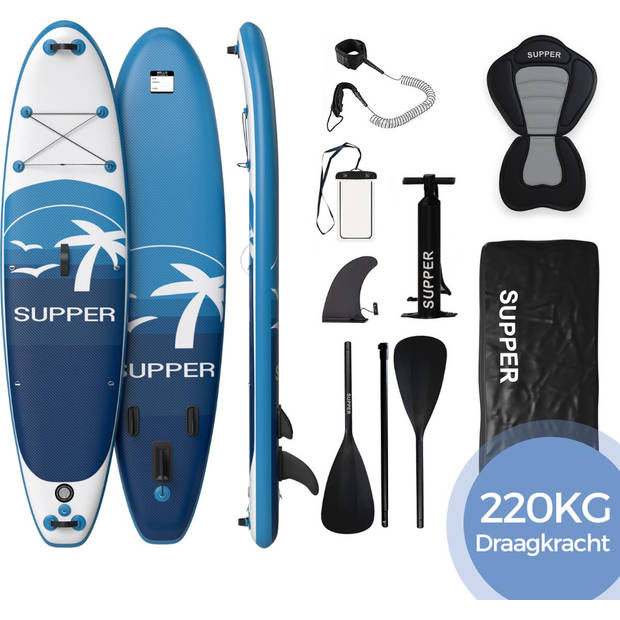 SUPPER Sup Board XL - Max. 220KG - Opblaasbaar – Paddle Board inclusief alle accessoires (335 x 81 cm)